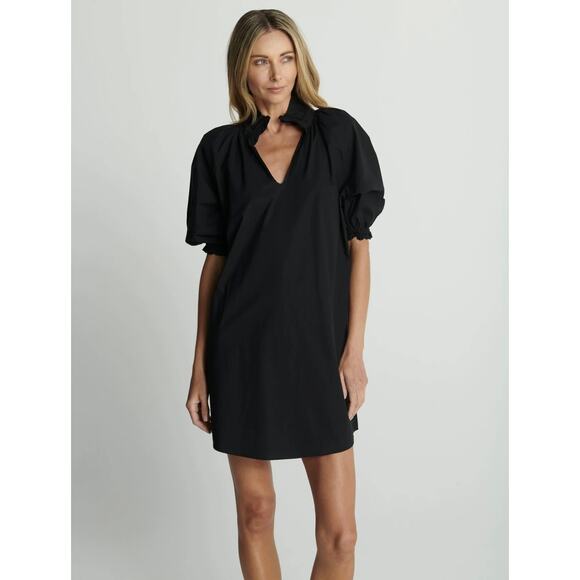 NWOT Sundays Spence Black Cotton Mini Dress Puff Sleeve V-Neck Shift Style Small - Picture 2 of 13